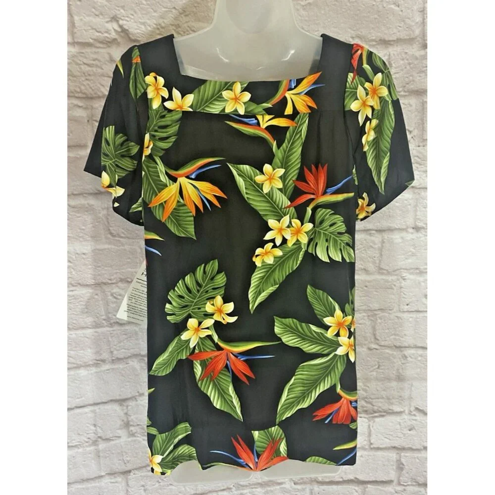 NEW Puanani Hawaiian Shirt Medium Square Neck Flutter‎ Sleeve Luau Tropical Top